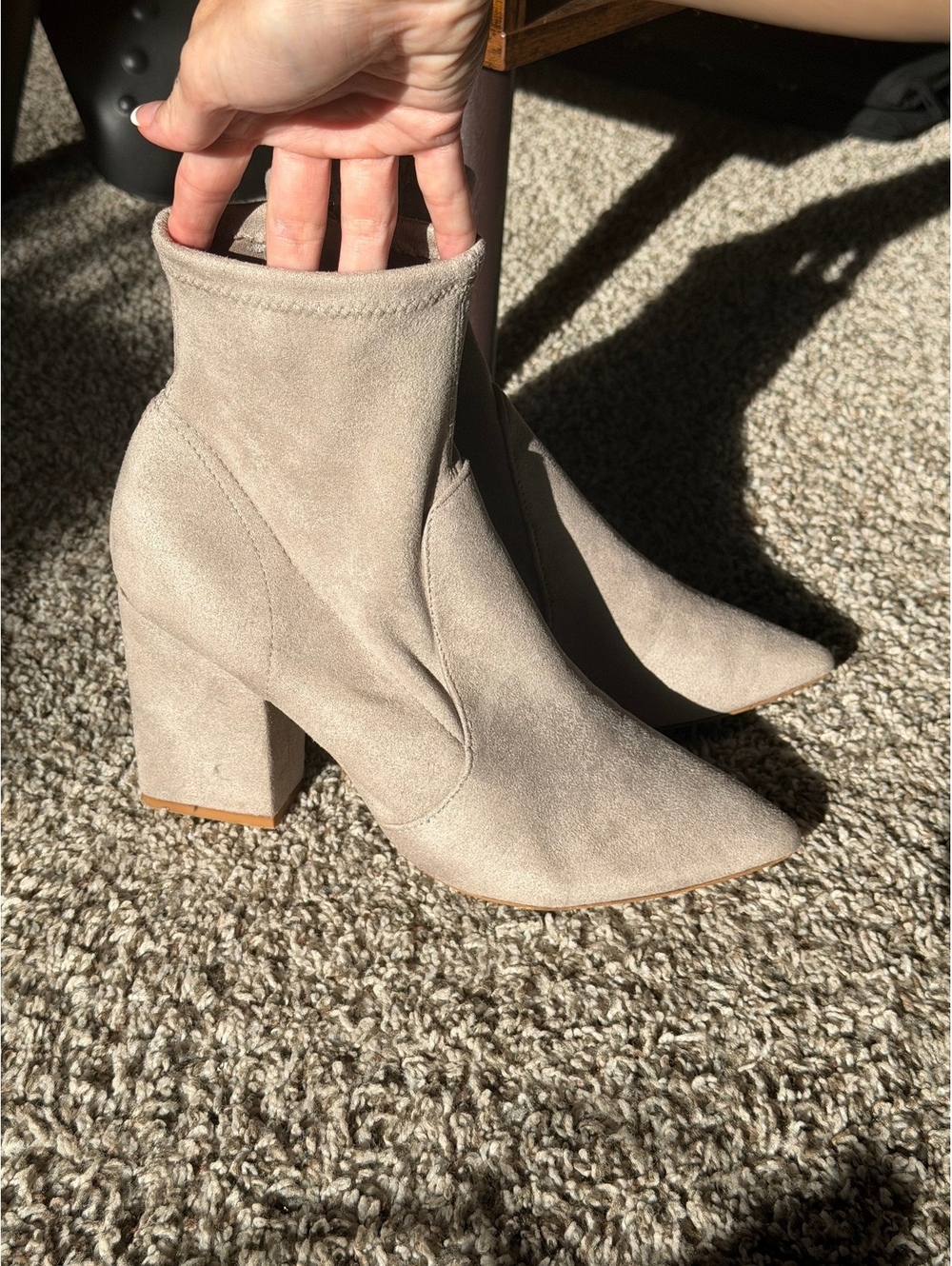 Beige Suede Pointed Toe Block Heel Ankle Boots with Side Zipper
